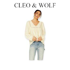 Cleo + Wolf Austin cream long sleeve semi-sheer blouson blouse Size S EUC